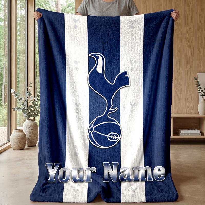 Tottenham Hotspur FC Custom Name Text Flannel Blanket Soccer Logo Personalized Fleece Throw Blanket Special Gift For Sofa Bedroom Home