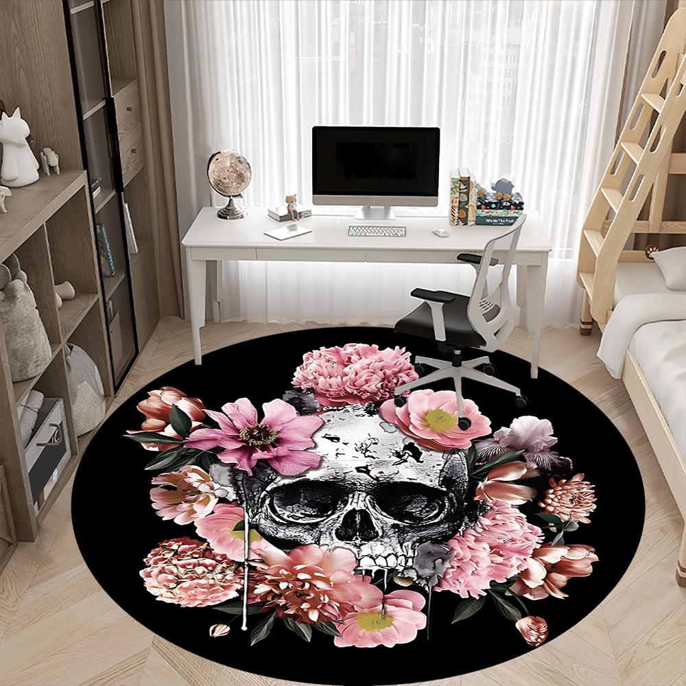 1pc Skull Flowers Office Round Area Rug, Indoor Mat Suitable For Office, Under Office Chairs Bedroom Living Room Home Decor, Room Deco