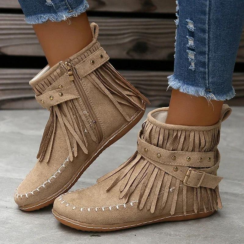 Bohemian Style Tassels Ankle Boots Women Retro Faux Suede Buckle Strap Short Boots Woman Plus Size 43 Flat Heels Western Botas