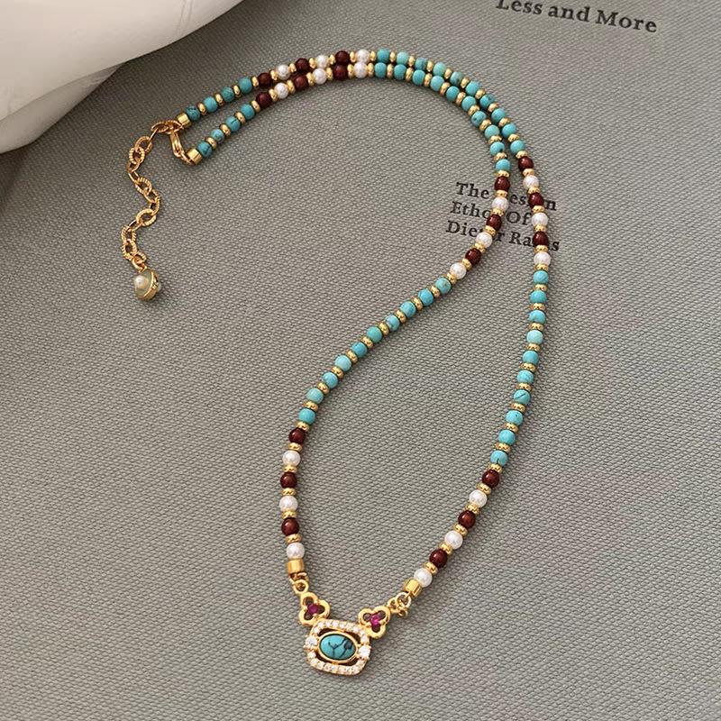 Natural Turquoise Pearl Beaded Necklace Women's Light Luxury Niche Design Collarbone Chain New Chinese Retro