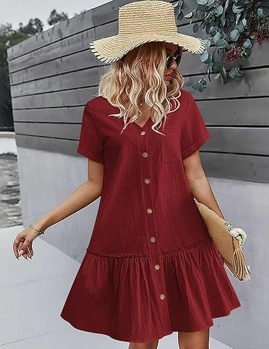 Women's Summer 2025 Casual Ruffle Hem Pocket Dress with Short Sleeves