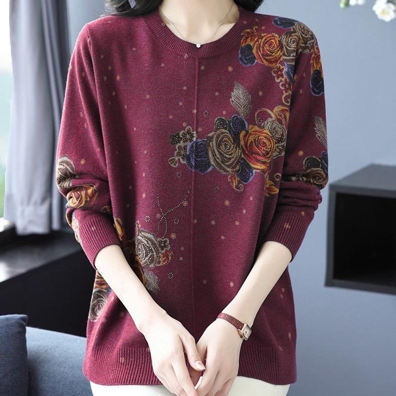 Women's Printed Wool Sweater Loose-Fit Crew Neck Plus-Size Sweater Autumn and Winter Warm Soft Stretchy Knit Top