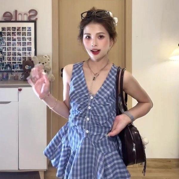 Korean Neck V-neck Sleeveless Sling Vest Women's Summer New Design Waist Temperament Plaid Shirt Top