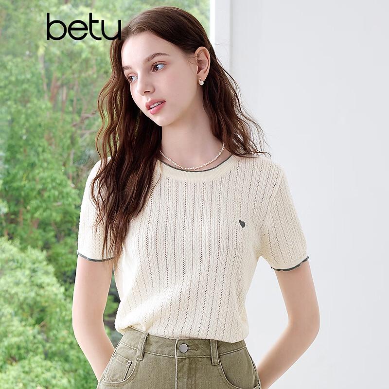 Betu Women's Summer Heart Embroidered Short Sleeve Knit Top