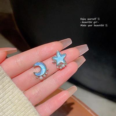Sweet Blue Star Moon Pearl Earrings - S925 Silver Needle for Women