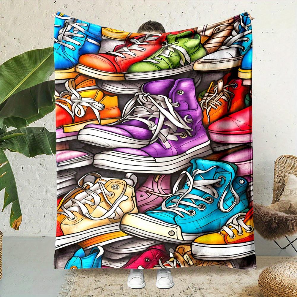 

Cartoon Sneaker Print Flannel Throw Blanket Soft Reversible All Season Couch Bed Office Travel Gift 75x100cm