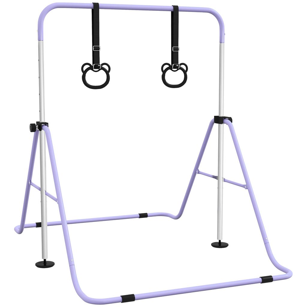 Adjustable Height, Foldable Kids Gymnastics Bar W/ Non-slip Rubber Floor Rings, for 3+ Years, Purple