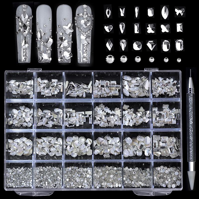 21/24 Grid Luxury Rhinestone Nail Art Jewelry Set Glass Nail Crystals Box Cristales Original 3D Flat Glass Shaped Nail Gems