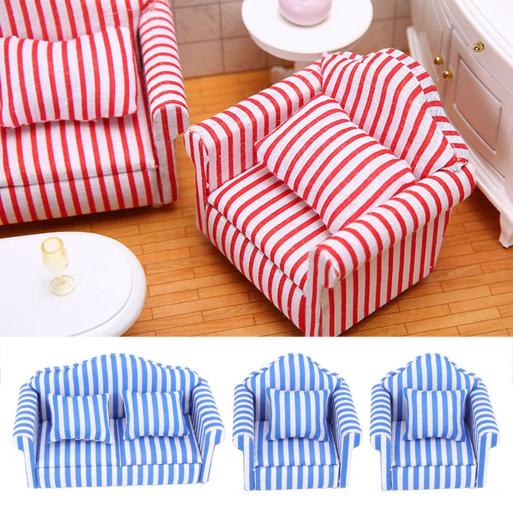 3Pcs   Sofa Set Pine Cloth Double Sofa 2 Single Sofa Light Color Strip  ature Sofa for 1:12 Doll House