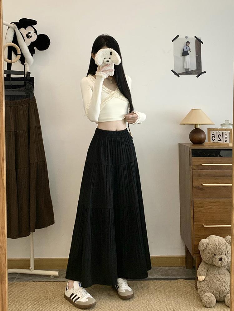 

Plus Size Women s Sweet Patchwork Pleated Midi Skirt L чорний