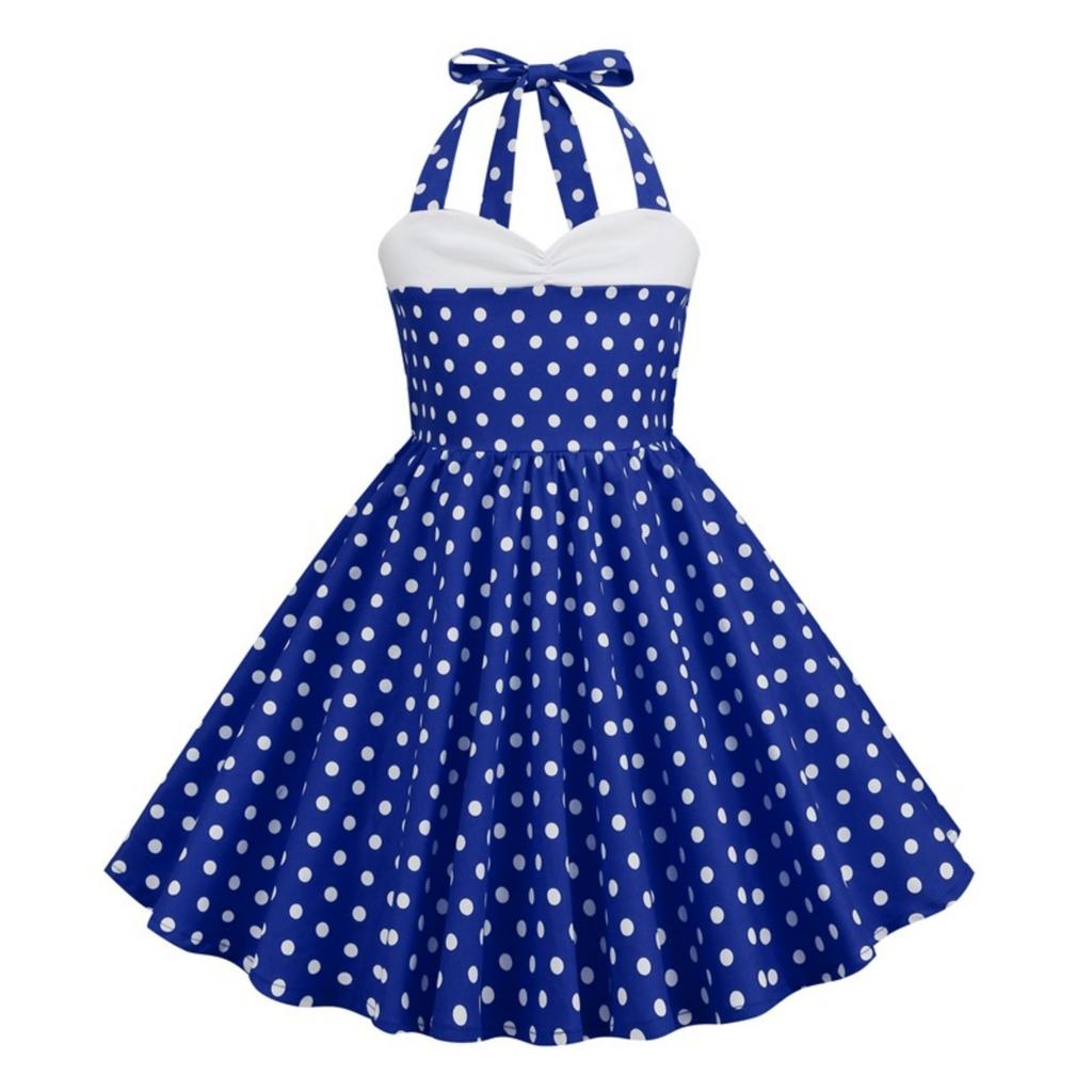 Moda Bambini Manica Corta Cuciture sul Collo Pois Retro Abbigliamento Bambini Gonna