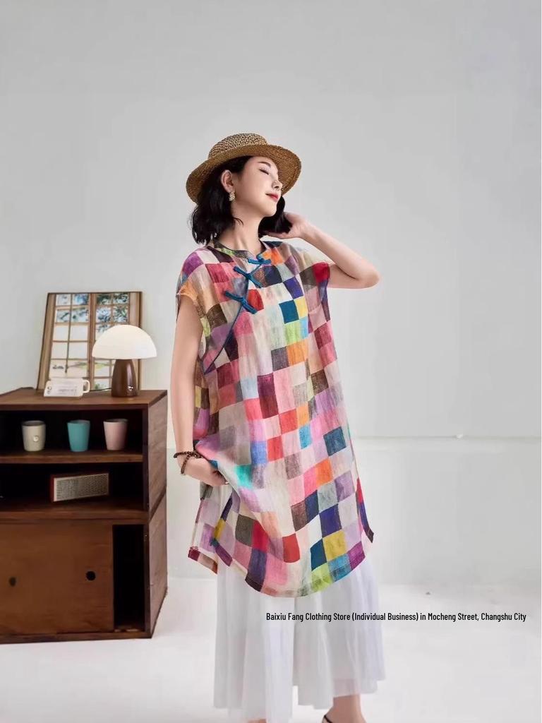 2026 Spring/Summer Women's Elegant Stand Collar Asymmetrical Lapel Shirt with Chinese Tang Dynasty Print