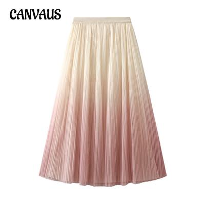 Spring and Summer Women's Skirts Elegant Temperament Gradient Color Pleated Half-body Skirt Long Skirt High Waist A-line Skirt