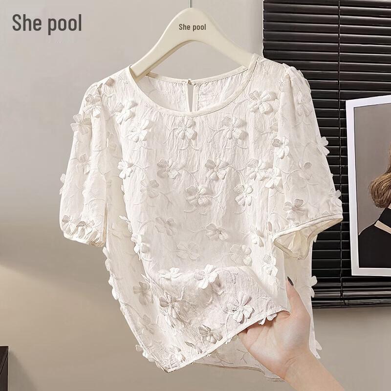 Women s French Style 3D Floral Loose Blouse XL бежевый