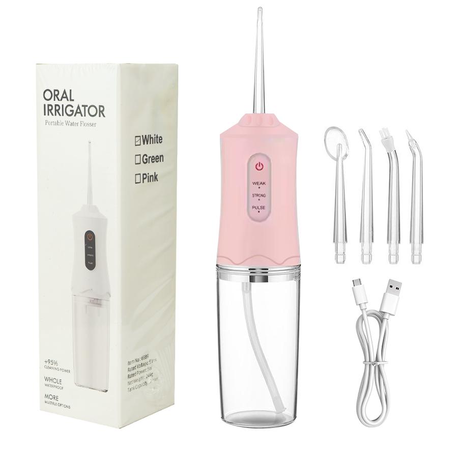

Ирригатор для полости рта, портативный стоматологический ирригатор, USB перезаряжаемый водоструйный нить, зубочистка, 4 струйных наконечника, 220 мл, 3 режима, IPX7, 1400 об/мин розовый