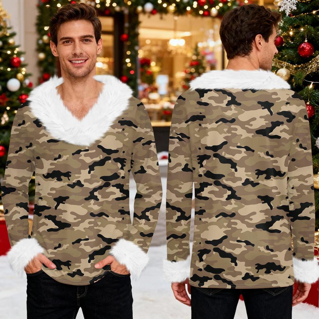 Men's Christmas Printed Fleece Lined Hoodie | Faux Trim Party Sweatshirt With Pocket | Plus Size Loose Fit Holiday Pullover
