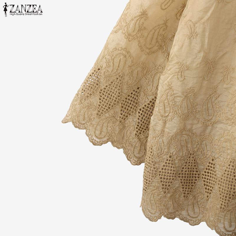 ZANZEA Women Round Neck 3/4 Sleeve Loose Casual Embroidery Patchwork Blouse