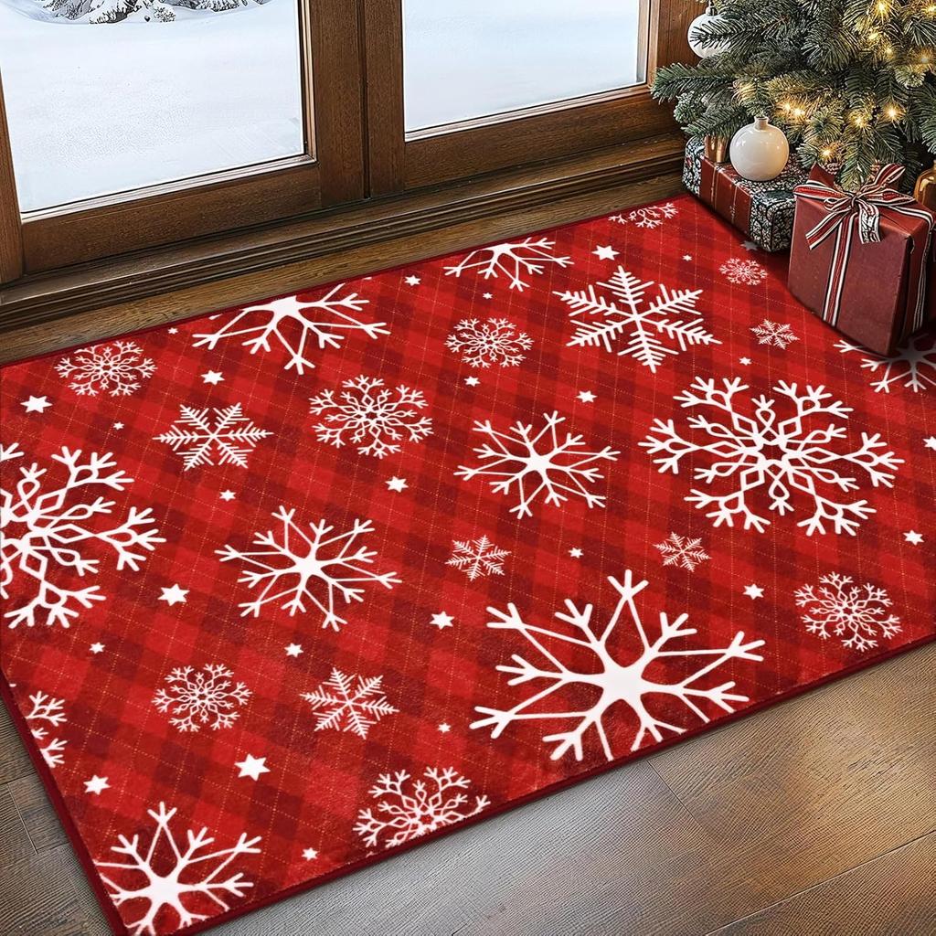Christmas Area Rug Rugs Soft Washable Rug for Bedroom, Non Slip Snowflake Xmas Throw Rugs Winter Checkered Christmas Carpet for