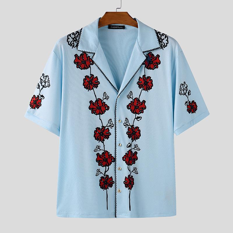 INCERUN Мужские летние рубашки с лацканами, цветочным принтом и текстурой, повседневные XL синий