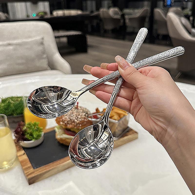 1/2Pcs Stainless Steel Round Spoon Net Red Dinner Long Handle Stirring Dessert Spoons Korean Spoon For Kitchen Accessories