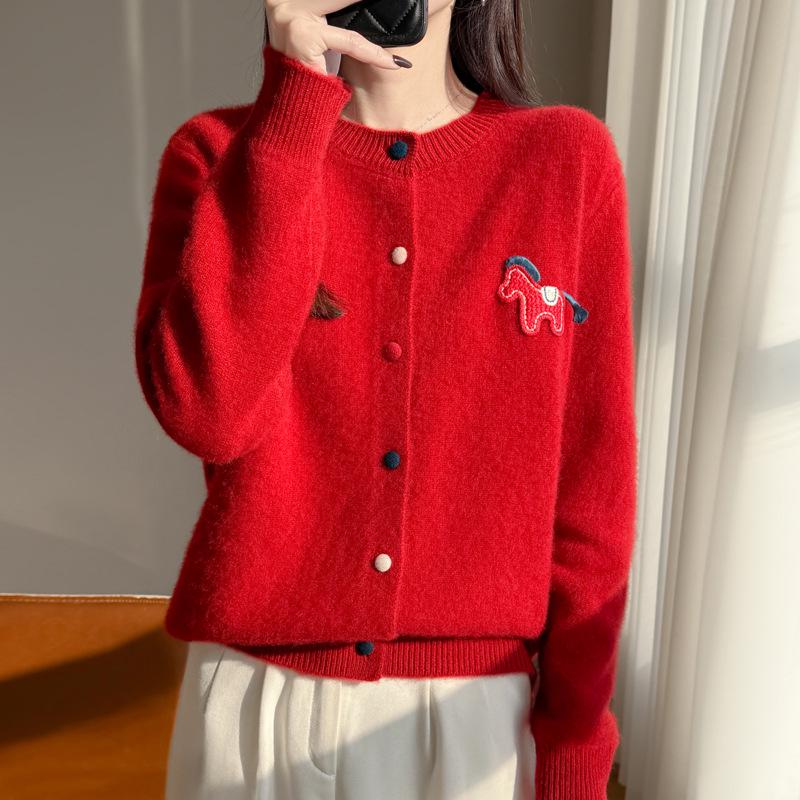 2026 Autumn/Winter Wool Sweater: Round-Neck Knit Cardigan with Colorful Buttons, Small Horse Design, Red Zodiac New Year Outerwear