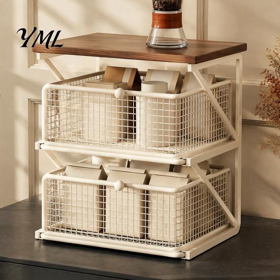 Small Desktop Furniture Coffee Station Organizer with Drawer, Tiered Bar Organizer, Wooden Top Shelf, Wire Mesh Drawers for Tea Bags, Capsules, Office
