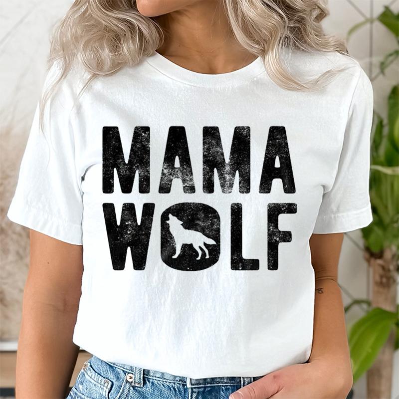 Mama Wolf Print T Shirt for Women Kawaii Graphic Shirts Casual Short Sleeved Black Vintage Female Tee O-neck Harajuku T-shirts