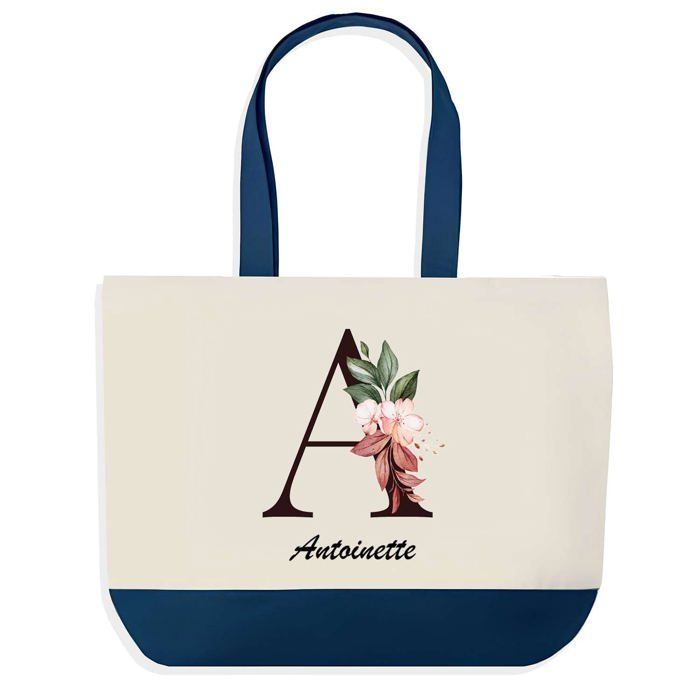Sac shopping - PLANETEE - Antoinette Lettre Fleur - Bleu - Coton - 40 x 45 cm