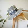 Japanese Retro Blue And Beige Woven Flat-Top Wide-Brimmed Jazz Top Hat For Men And Women Summer Vacation Beach Sun Protection Straw Hat