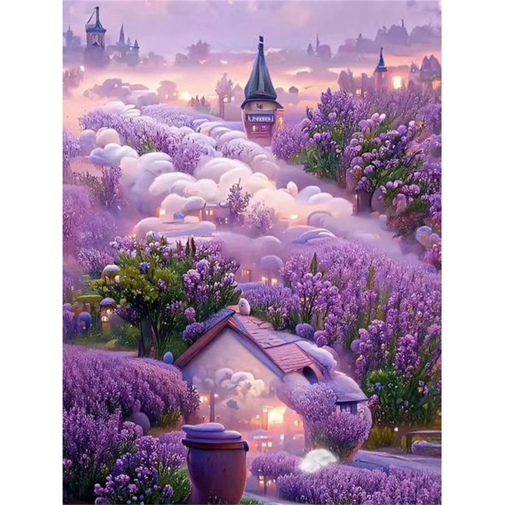 5D DIY Diamond Painting Beautiful Lavender House and Landscape Mosaic Diamond Embroidery Painting Full Rhinestone Home Decor
