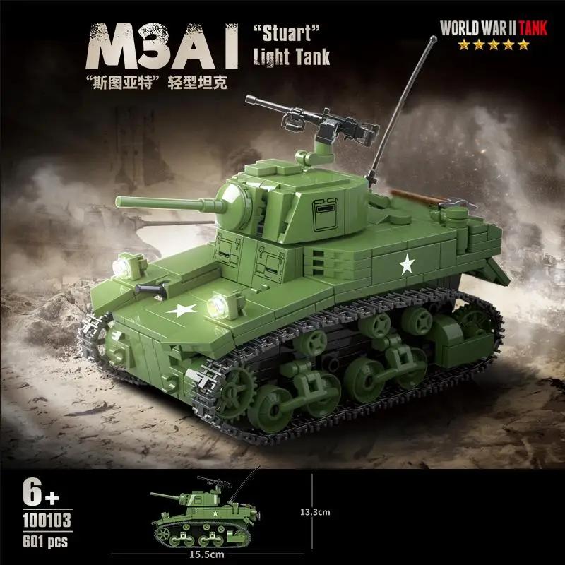 Military World War II USA M3A1 Stuart Light Tank Building Block Toy Collection Scale Model Children For Christmas And Birthday Gift Presents