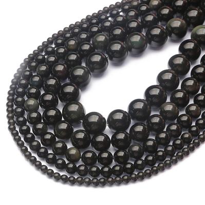Runde Schwarze Obsidianperlen, Glatte Natürliche Stein-Einzelperlen, Anhänger für DIY-Armbandherstellung