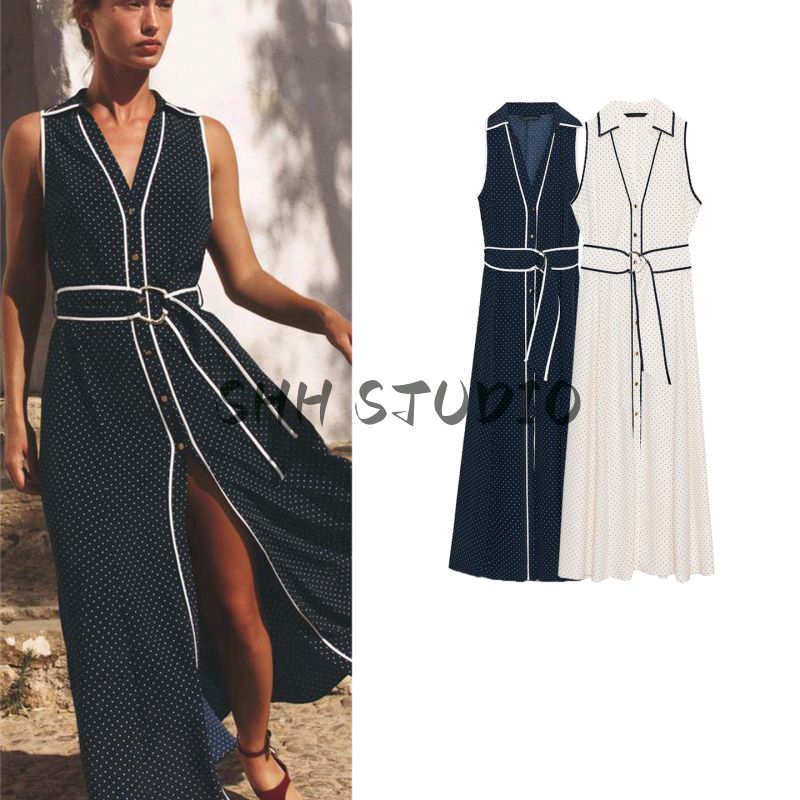 Summer New Women clothes Holiday Style Polka Dot V-neck Sleeveless Midi Length Dress 3689750 8349750