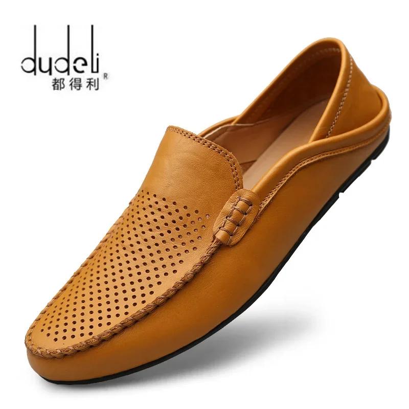 Italian Summer Hollow Shoes Men Casual Luxury Brand Genuine Leather Loafers Men Breathable Boat Shoes Slip On Moccasins