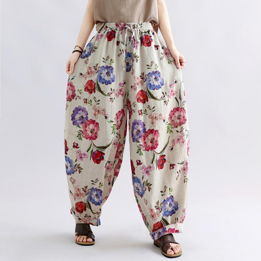 DIMANAF 2026 Summer New Plus Size Women Floral Long Pants Cotton Linen Vintage Loose Elastic Waist Casual Lady Bottoms