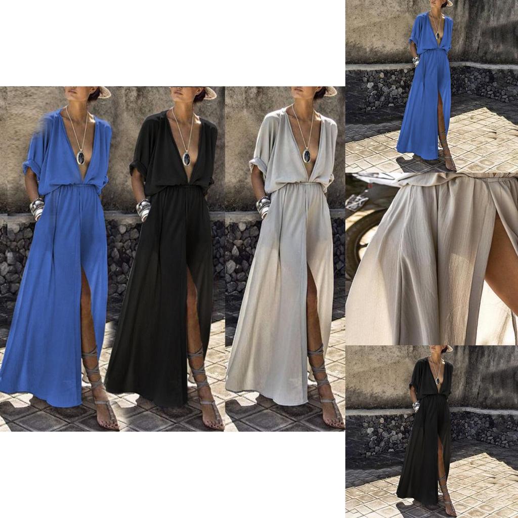 Elegant Women Deep V Neck Maxi Dress With Half Sleeve For Summer Beach Holidays