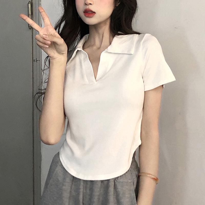 

Женская летняя футболка облегающего кроя с нерегулярным воротником поло - Корейский стиль, образ горячей девушки M белый