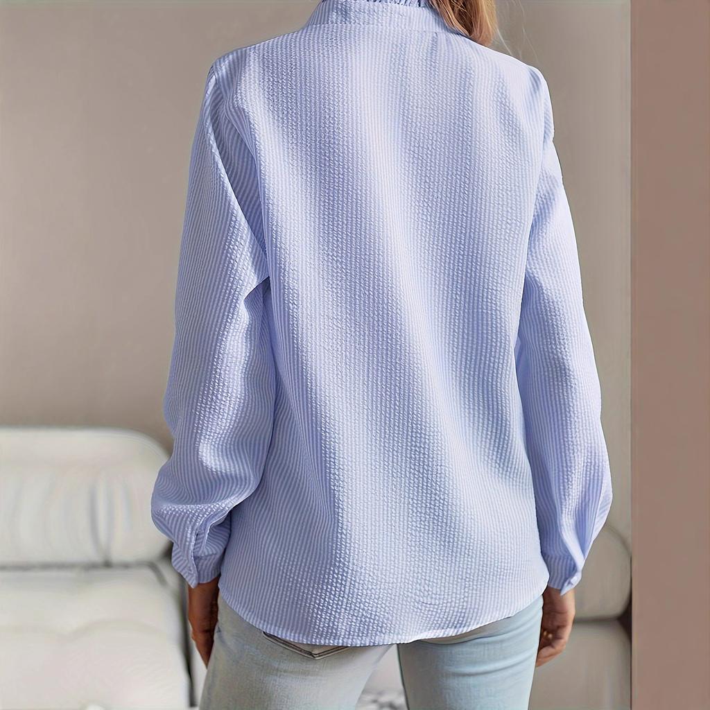 Women's Striped Ruffle Frill Stand Collar Long Sleeve Button Down Blouse Textured Casual Shirt