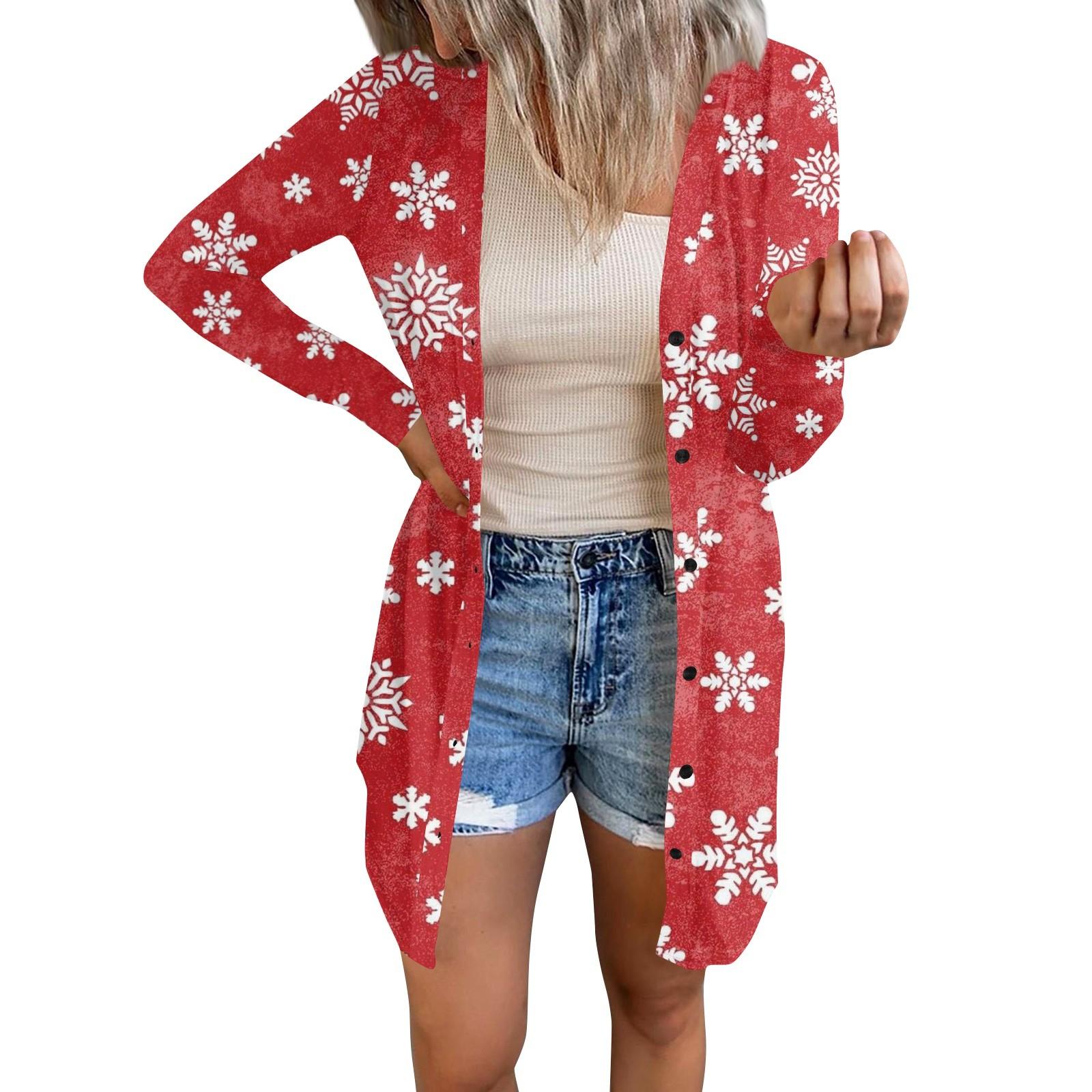 

Длинный рукав Женский ретро принтованный топ Легкий базовый свободный жакет Кардиган Повседневные рубашки Рождество XXXL киноварь