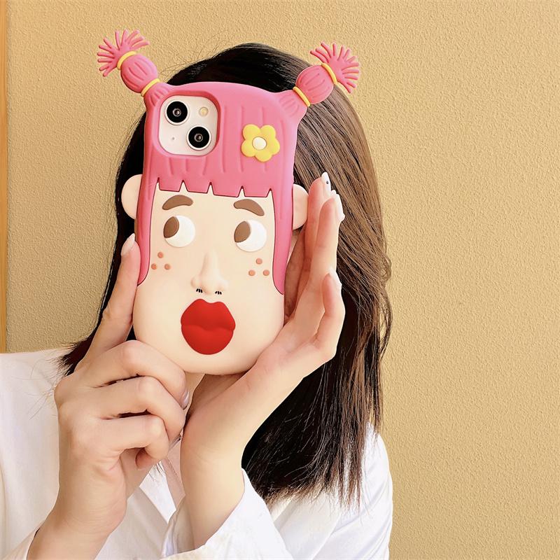 Cartoon 3D Red Lip Ugly Girl Silicone Phone Case for iPhone 14 Pro Max 11 12 13 Pro Max Super Cute Braid Protection Cove
