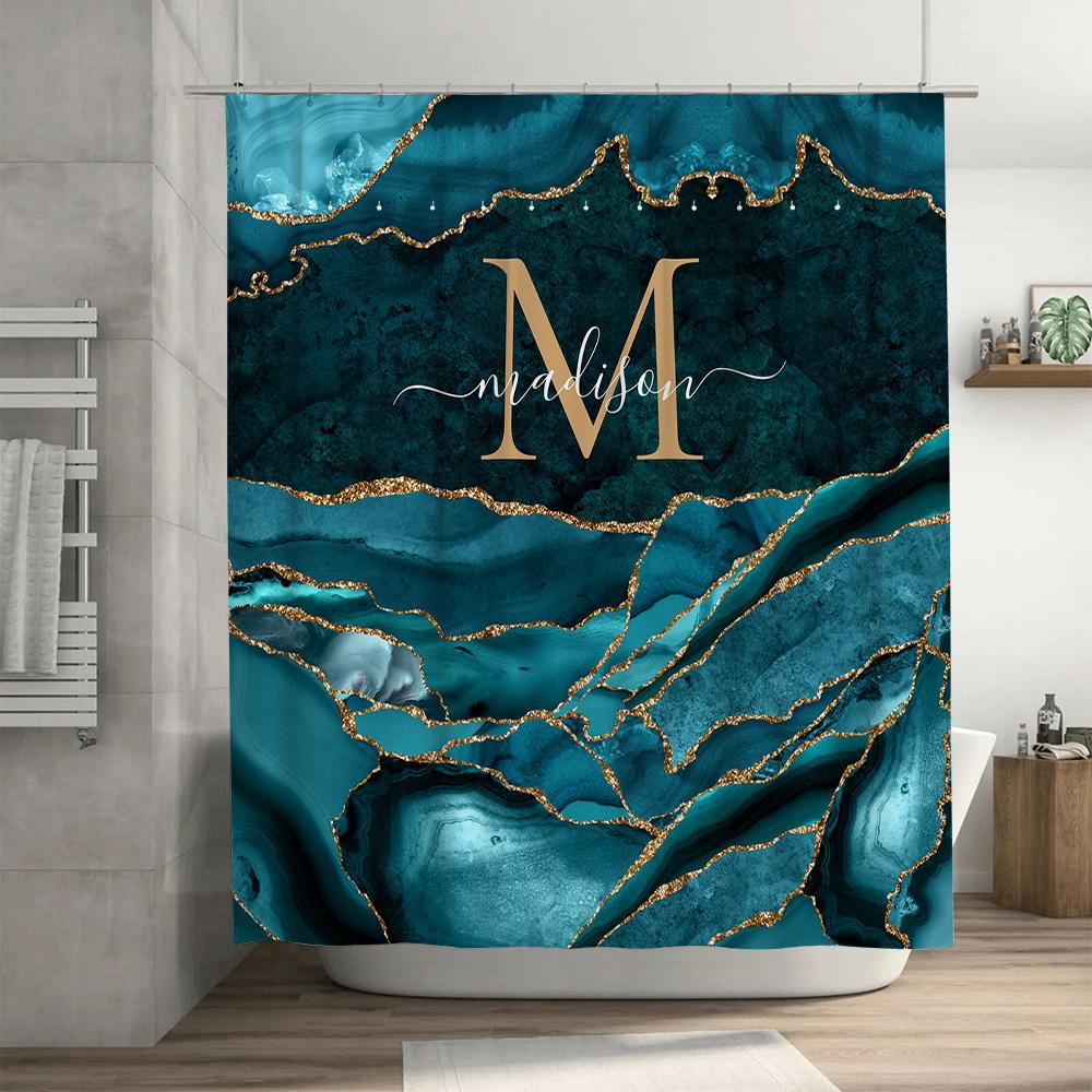 Luxury Marble Shower Curtain with Personalized Initials Waterproof Fabric for Bathroom Decorations Green Gold Color Combination