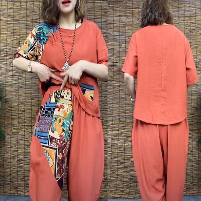 Damski garnitur casualowy na lato, dopasowany z krótkim rękawem, z koszulką, z krótkim rękawem, z krótkim rękawem, z krótkim rękawem, z krótkim rękawem, z skróconymi spodniami Harlan, z modnym bawełniano-lnianym zestawem 2 dwuczęściowym