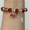 New Trendy Red Crystal Beaded Maple Leaf Bracelet for Women Fashion Butterfly Feather Pendant Bracelet Friendship Zircon Gift