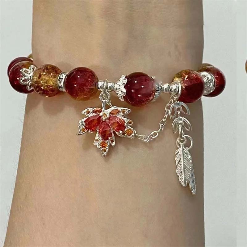 New Trendy Red Crystal Beaded Maple Leaf Bracelet for Women Fashion Butterfly Feather Pendant Bracelet Friendship Zircon Gift