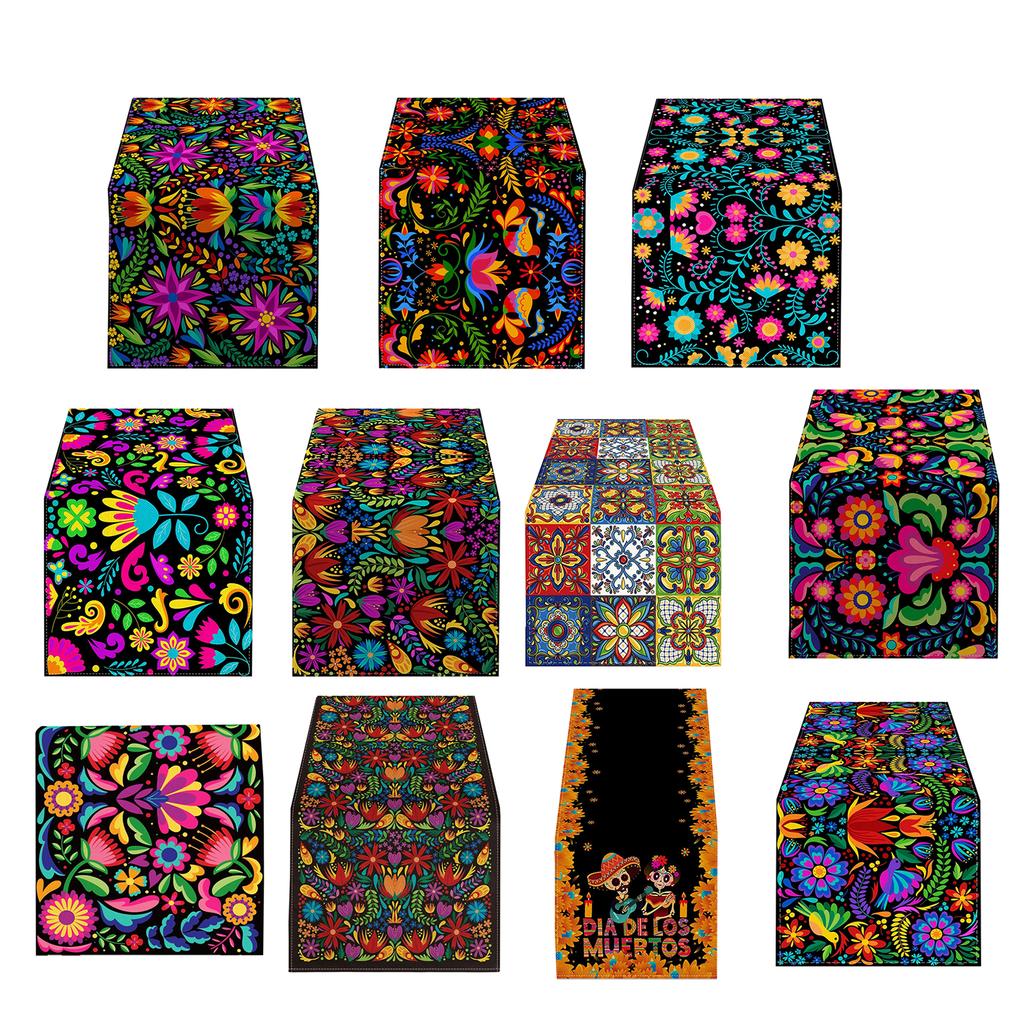 Mexico Flower Table Runner Ethnic Festival Party Kitchen Dining Tablecloth Colorful Floral Print Table Cover