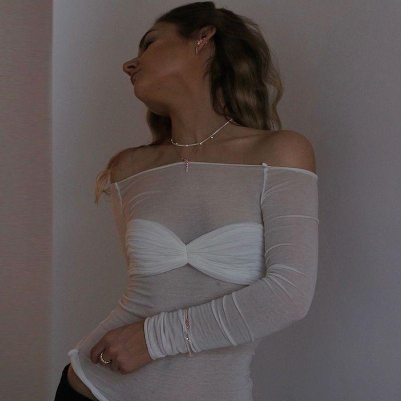 

Slightly Transparent Patchwork off-Neck Silm Upper Clothes Long Sleeves T-shirt White M