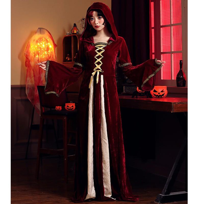 Halloween Costume Vintage European Medieval Gothic Dark Red Court Gown Stage Performance Dress Women
