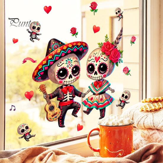 Waterproof Skeleton Art for Windows Halloween Cartoon Couple Window Stickers, PVC Day of The Dead Static Decals, Traditional Decorative Clings Mexican