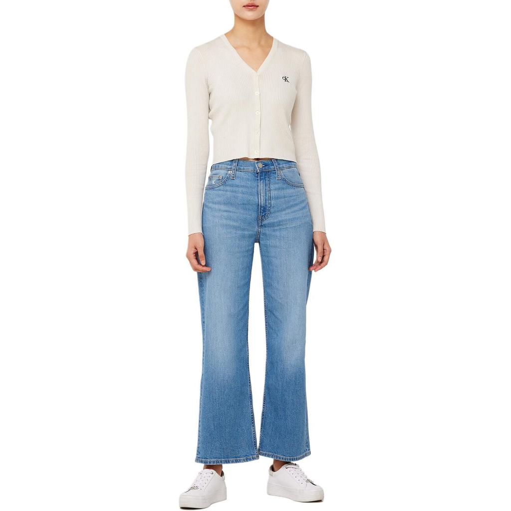 Calvin Klein Jean Jacquard Lettre Col en V Manches Longues Tricot Top Femme tops Blanc cassé J224287