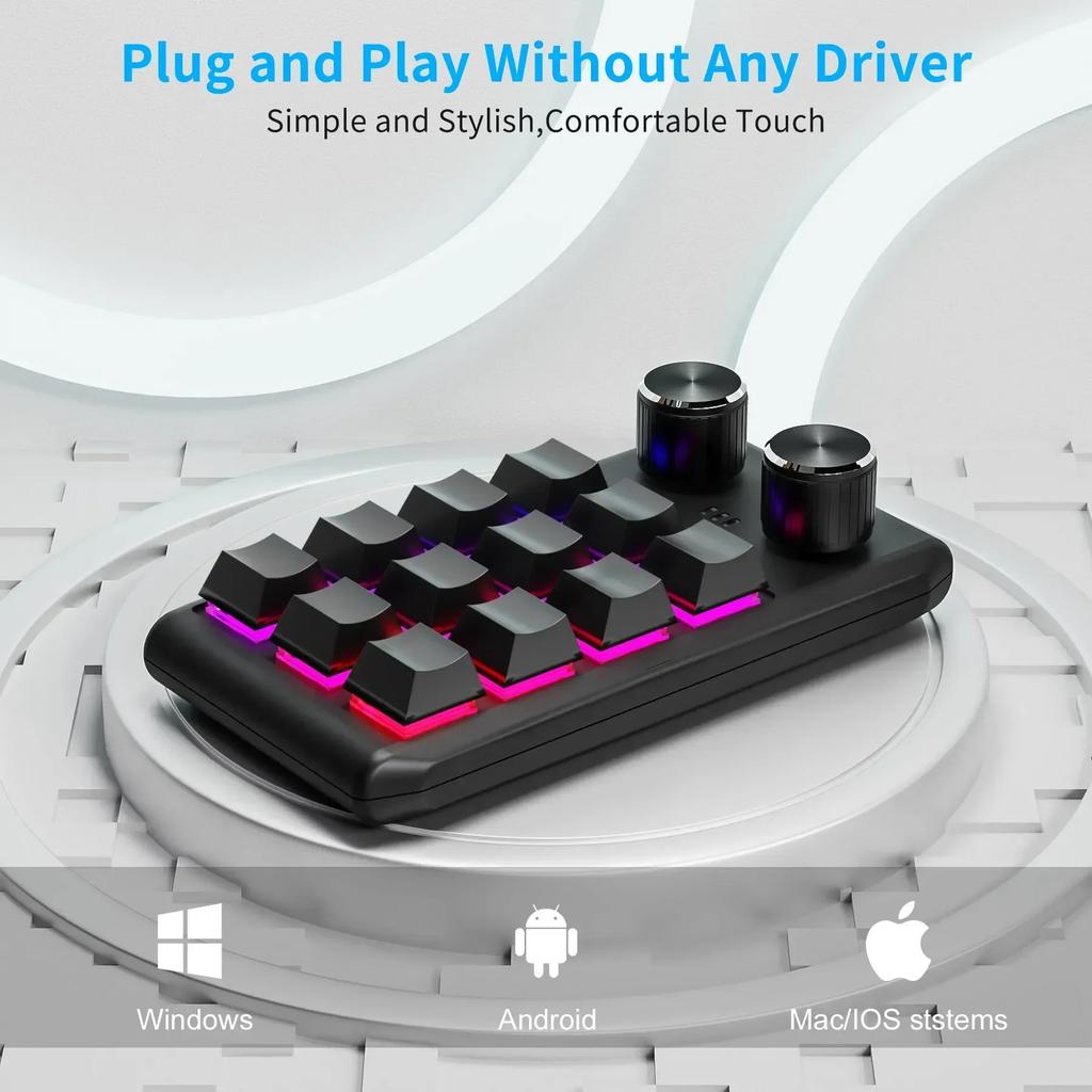 12 Keys 2 Knobs Macro Mini Keyboard USB Wired Bluetooth Programming Custom Mechanical Macropad Hot-swap Photoshop Gaming Keypad